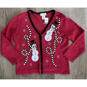 Vintage Mandal Bay Cardgan Womens Large Knit Snowman Appliqué Holiday Sweater